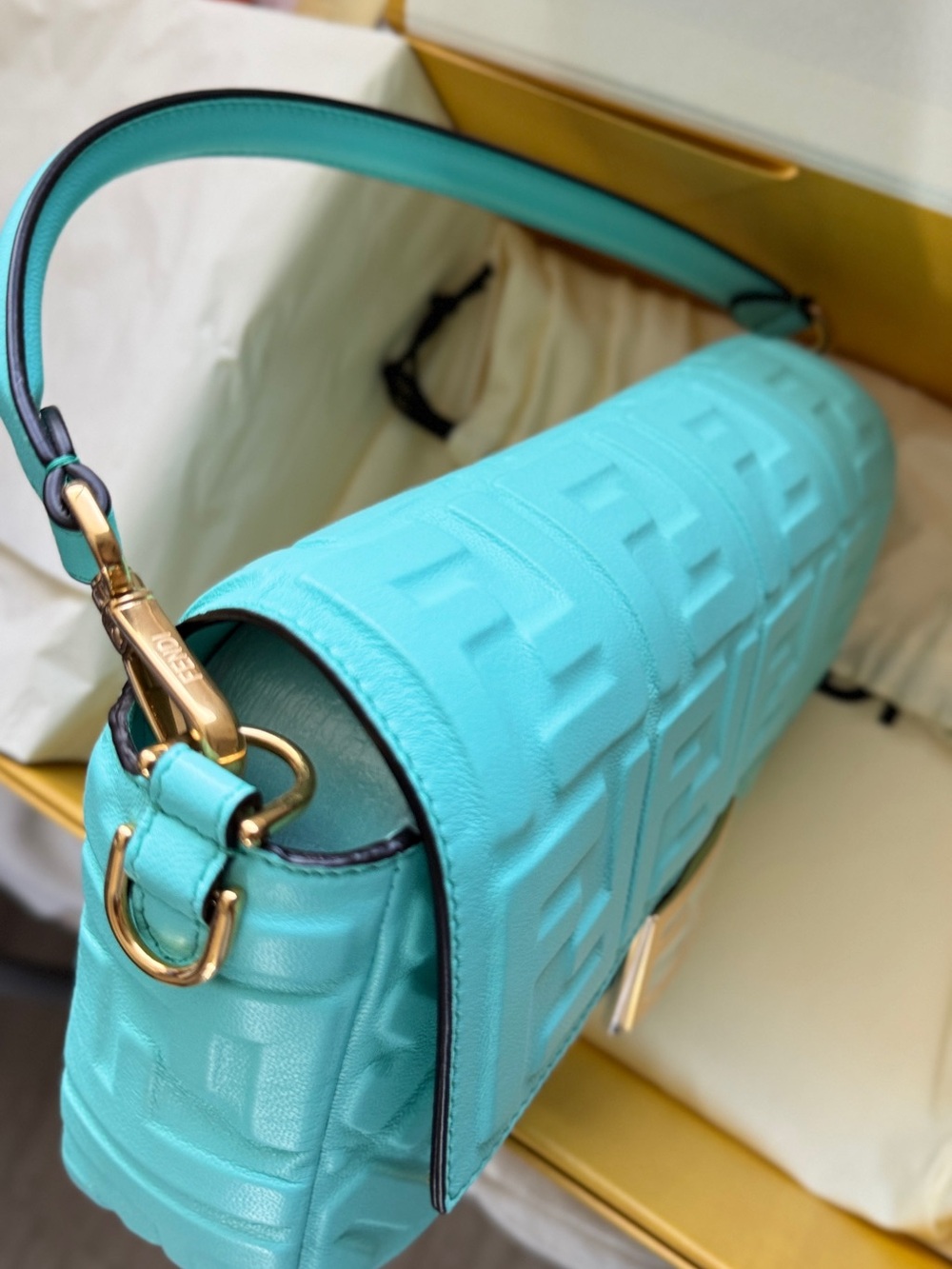 Fendi Embossed FF Baguette Shoulder Bag in Aqua - Picture 3 of 10